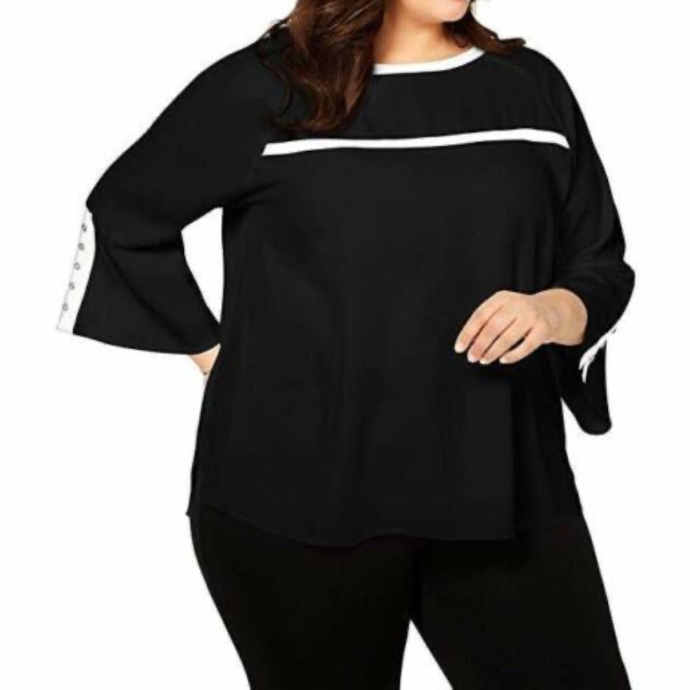 Calvin Klein Womens Plus Size Black/White Piped/Button 3/4 Sleeve Scoop Neck Top